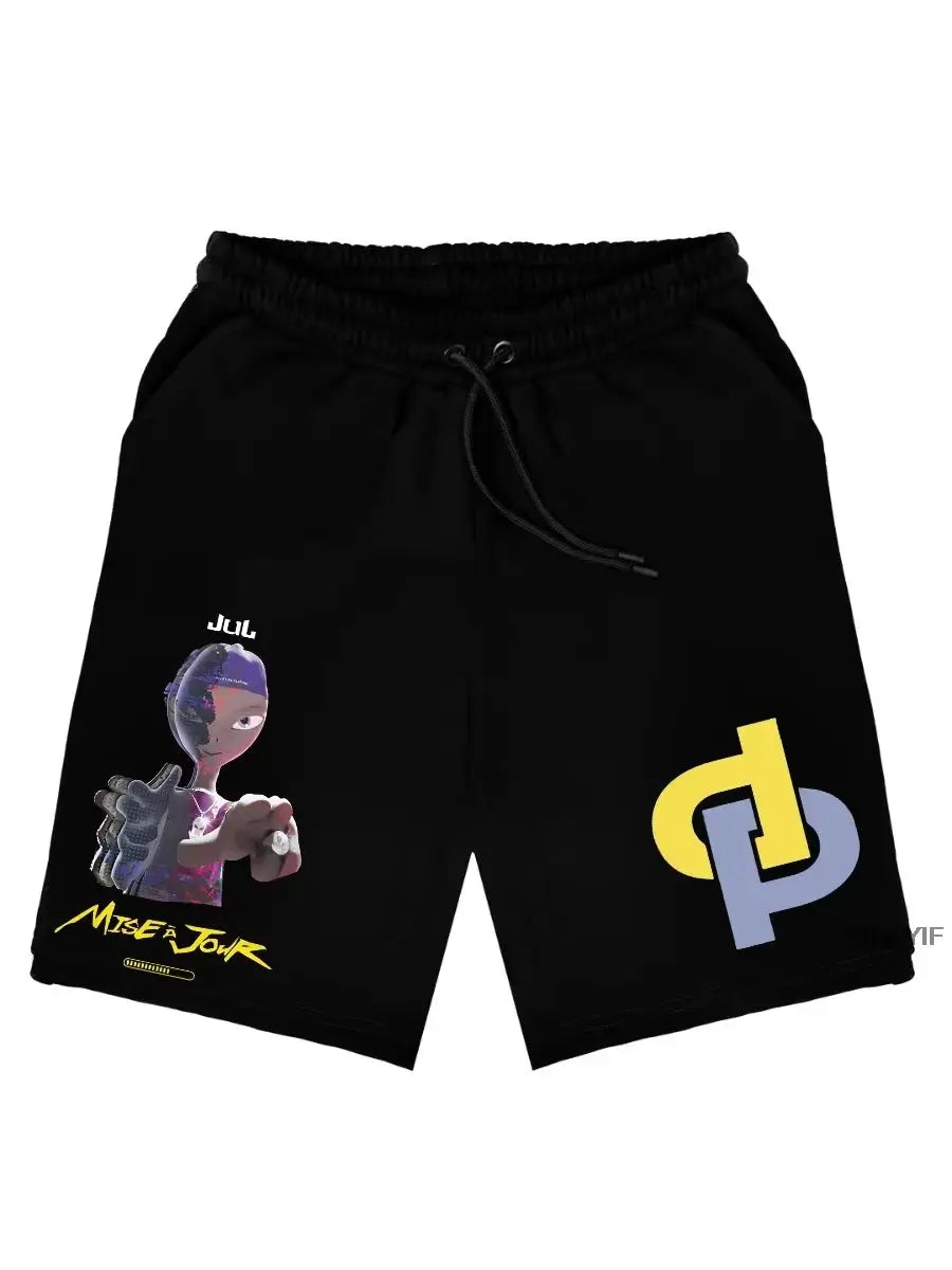 Black shorts with drawstring; left shows a cartoon rapper graphic, right features a bold yellow-blue logo.
