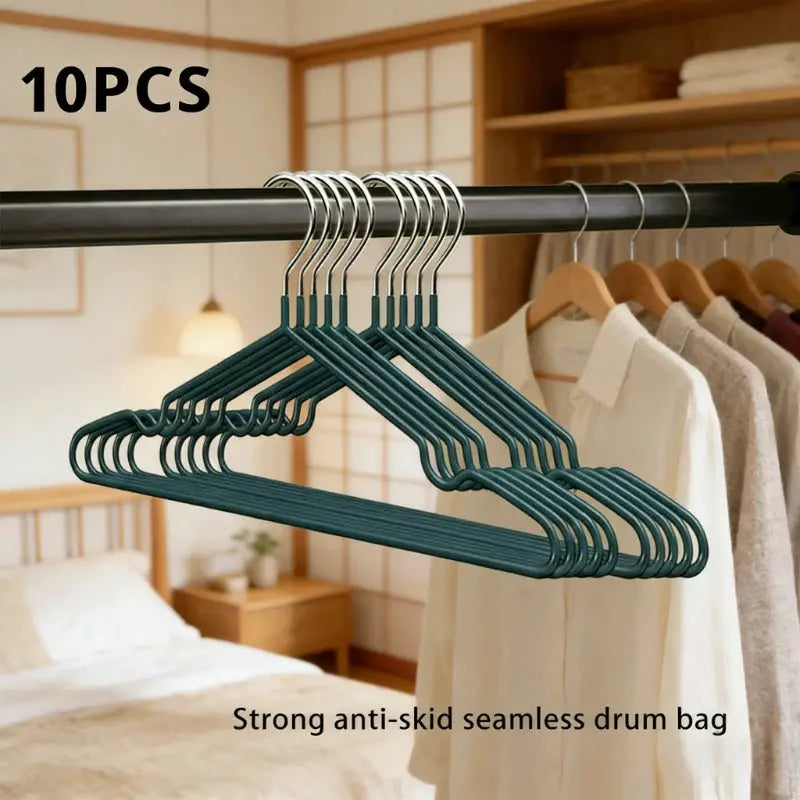 10pcs nano-coated non-slip clothes hangers, green, dual-use for wardrobe and bathroom, Simples Market.