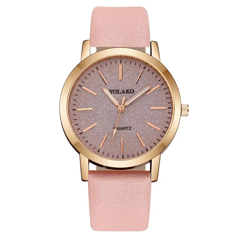 VOLAKO quartz women's watch with pink glitter dial, pink leather strap, rose-gold case.
