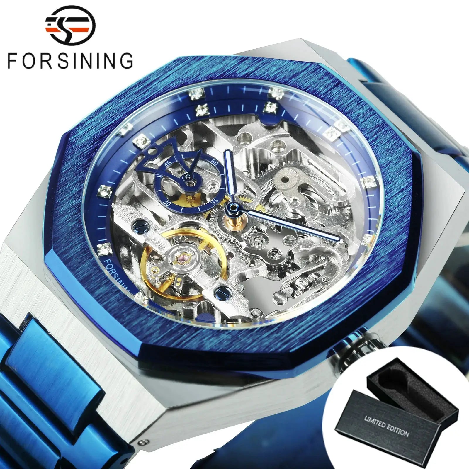 Forsining men's skeleton automatic watch with blue stainless steel strap and luminous hands, limited edition