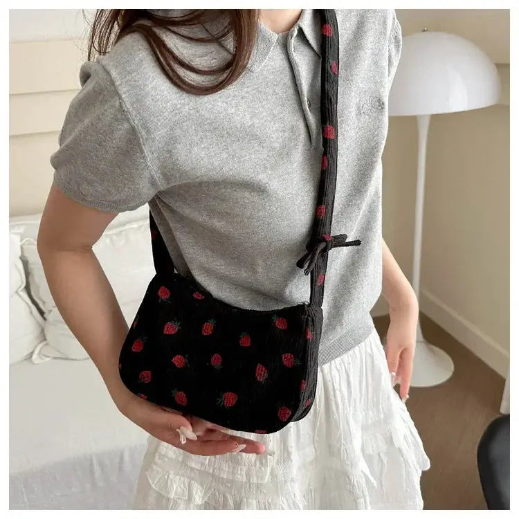 Women's small corduroy handbag with red strawberry print, black mini shoulder bag