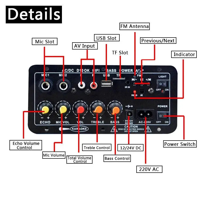 D10 Bluetooth Amplifier Board 30 120W Dual Microphone Inputs With Reverb Control For 4 Ohm Speakers 12V 24V 110V 220V