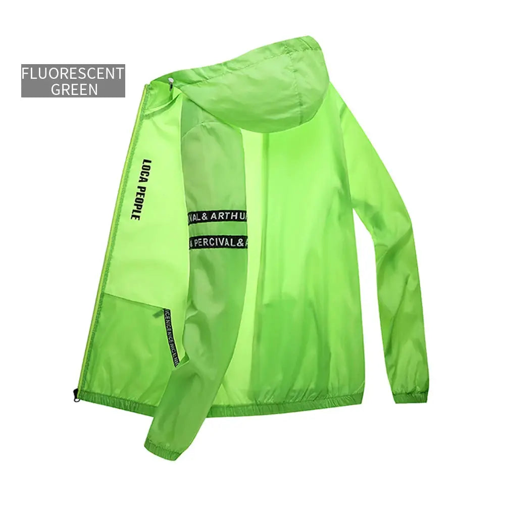 Fluorescent green men's cycling jacket, hooded windbreaker with long sleeves and front zipper