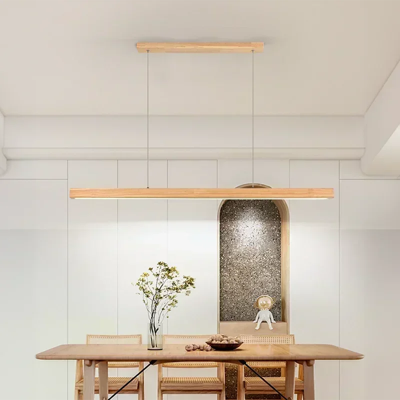 DAMIASMIL LED pendant light with two natural wood long-strip bars over dining table