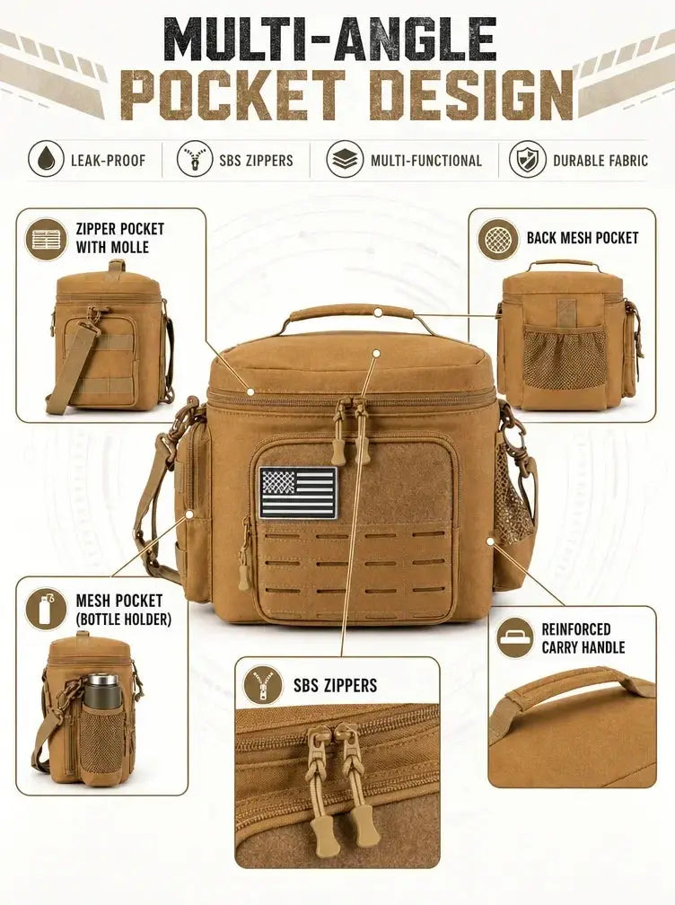 13L tactical insulated lunch bag in tan with SBS zippers and multiple pockets, front flag patch.
