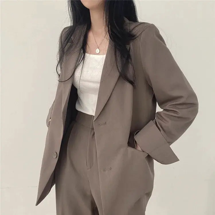 Women's taupe blazer and pants 2-piece set, tailored fall suit look