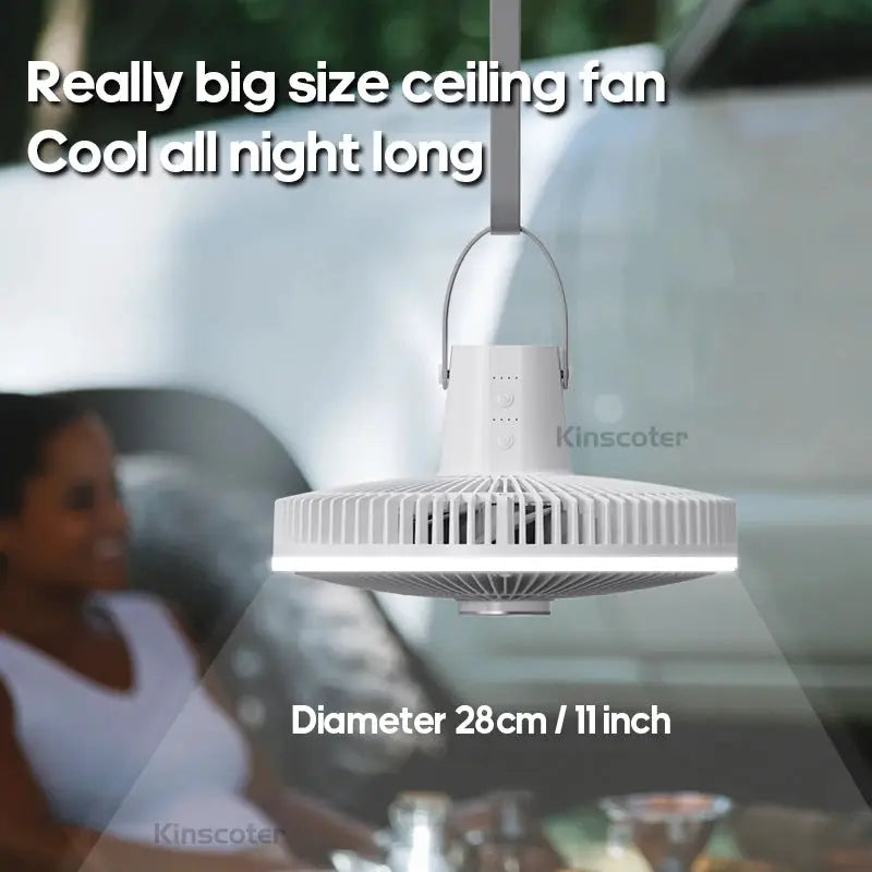 KINSCOTER 10000mAh outdoor camping fan, large 11-inch ceiling fan with LED lighting, white by Simples Market
