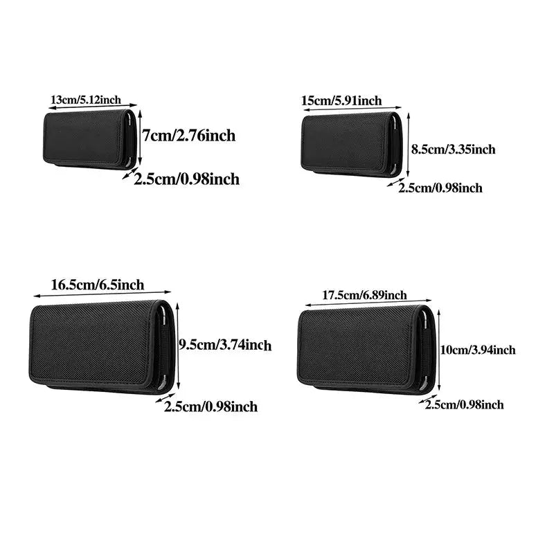 Mobile phone waist bag set in black nylon; four sizes shown, belt-loop fanny pack.