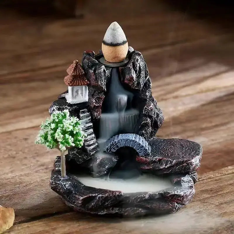 Resin Cascade Backflow Incense Burner With Mountain Waterfall Design For Home Decor And Meditation Gift