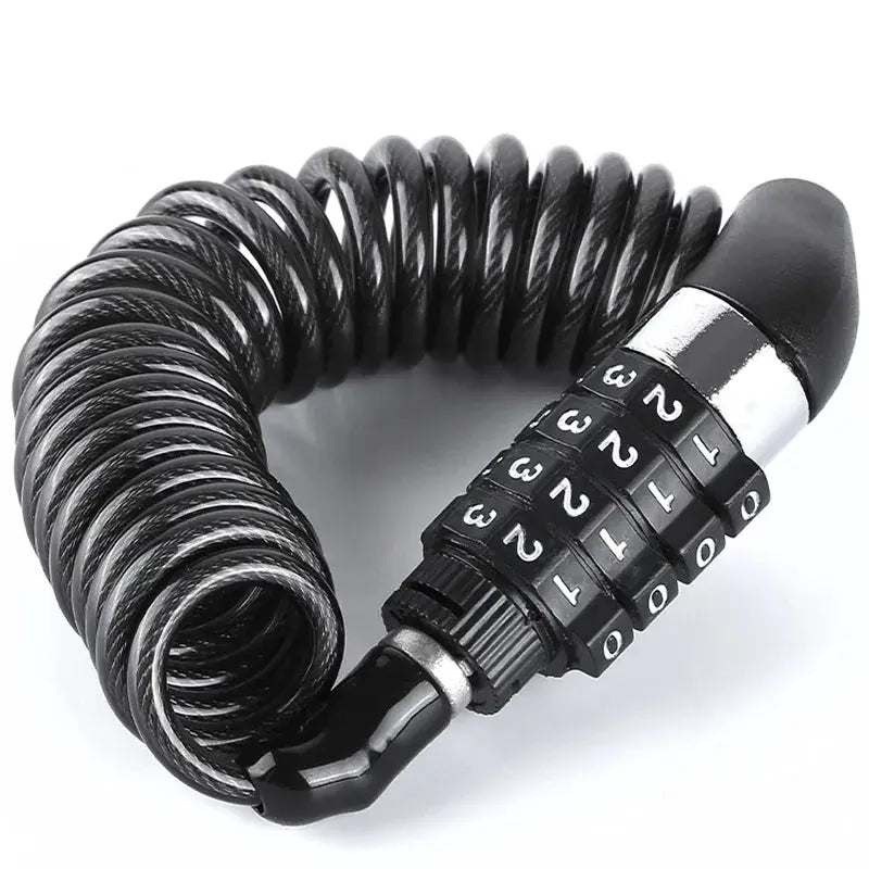 Black bicycle lock with a coiled steel wire cable and multi-dial combination code lock.