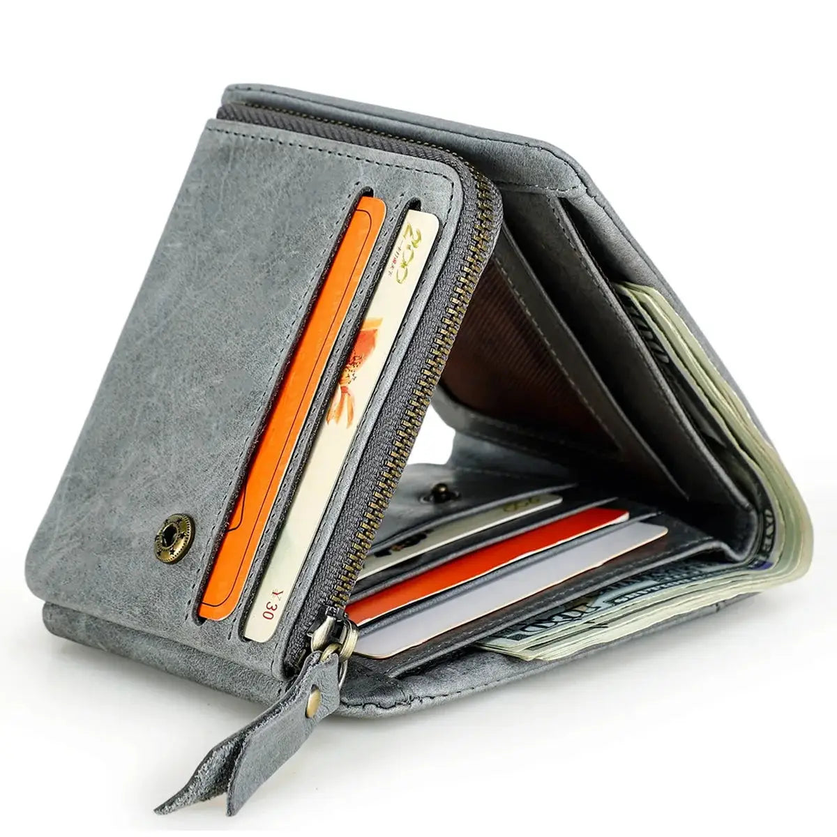 CONTACT'S Genuine Crazy Horse leather men's trifold wallet with zip coin pocket in gray cowhide