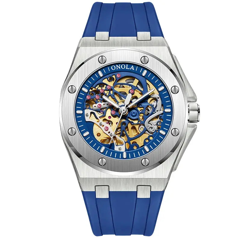ONOLA skeleton wristwatch for men with automatic movement, stainless steel case, blue silicone strap