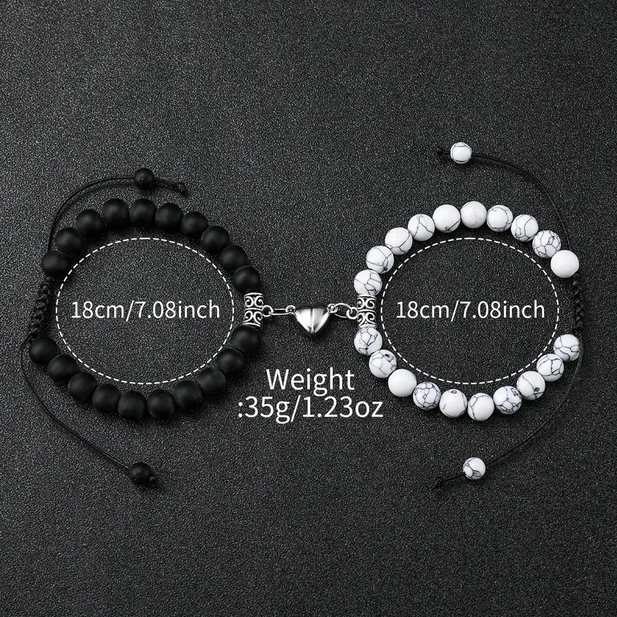 Geneva couple bracelet set, 2-piece with black matte bead and white marble bead bracelets, magnetic heart clasp, 18cm each