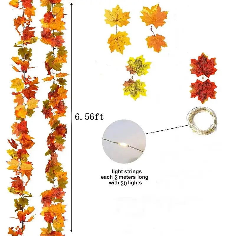 Autumn artificial maple leaf garland, 200 cm long with orange-yellow leaves and a 20-light string