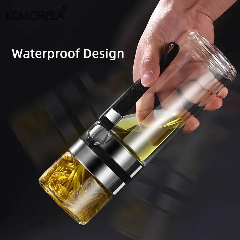 KEMORELA Leakproof Glass Tea Infuser Bottle With Double Wall Insulation And Water Separation Compartment 350ml 450ml 500ml