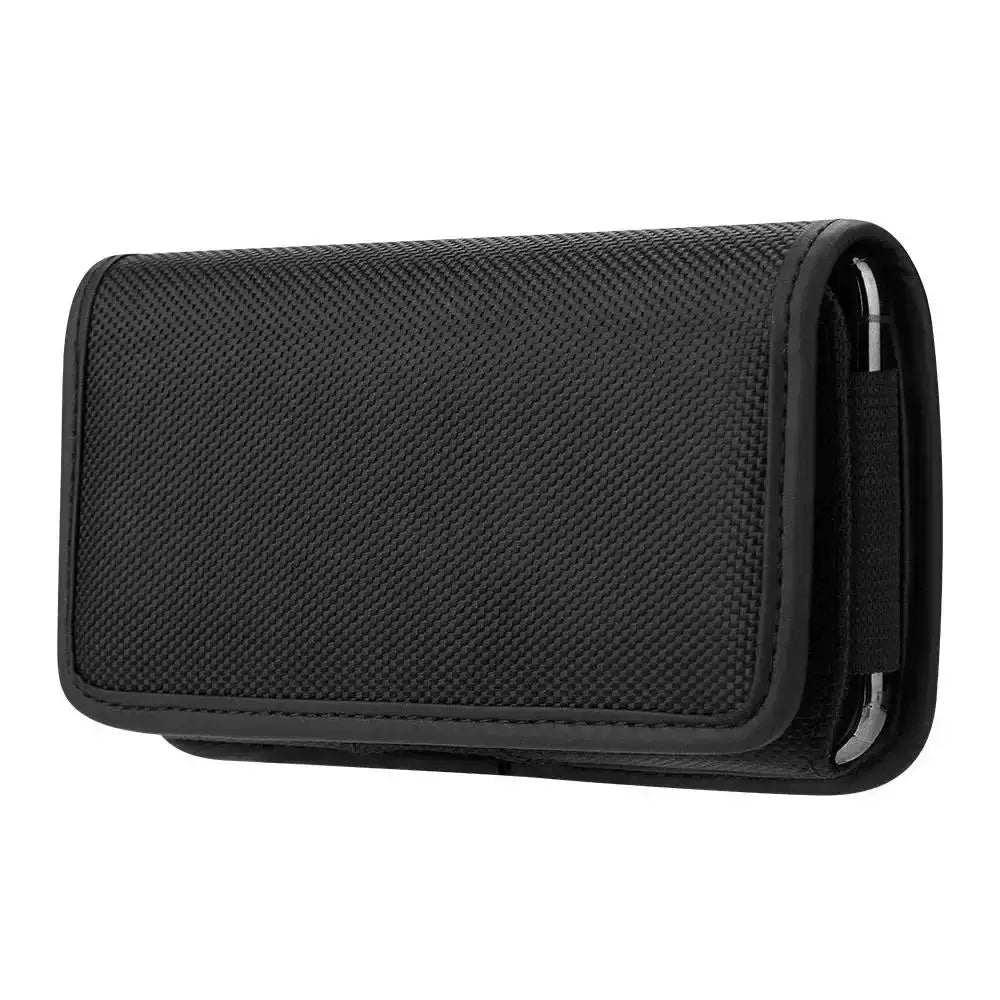 Black nylon mobile phone waist bag with belt loop, compact fanny pack holster.