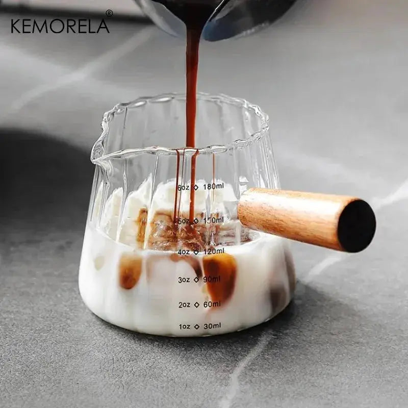 Wooden Handle Measuring Cup With Single And Double Spouts Italian Glass 90ml 120ml 180ml Coffee Milk Cup