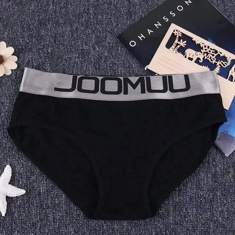 Women's black cotton panties with gray elastic waistband branded JOOMUU; breathable briefs.