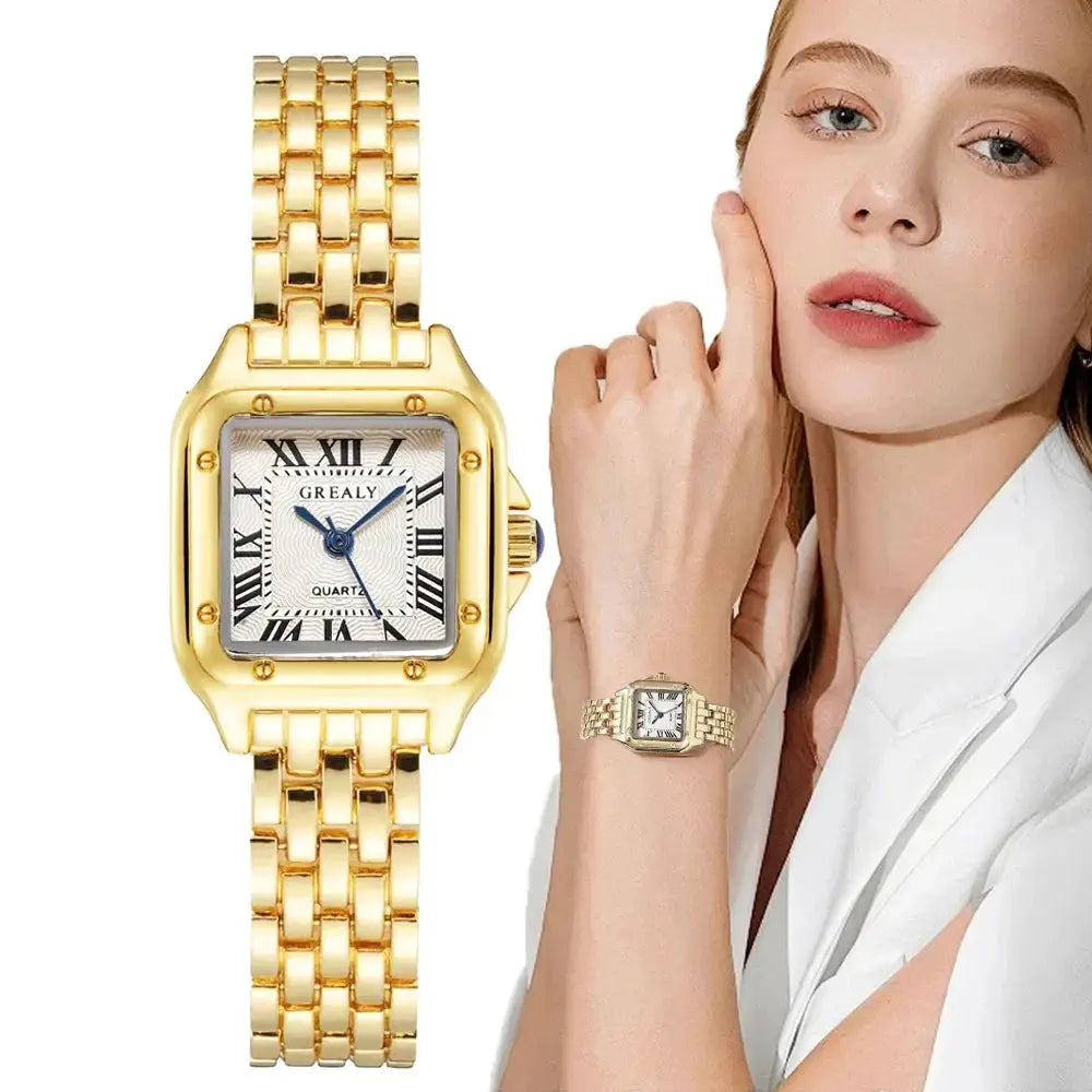 Gold-tone square quartz wristwatch with Roman numeral dial, blue hands, and linked bracelet
