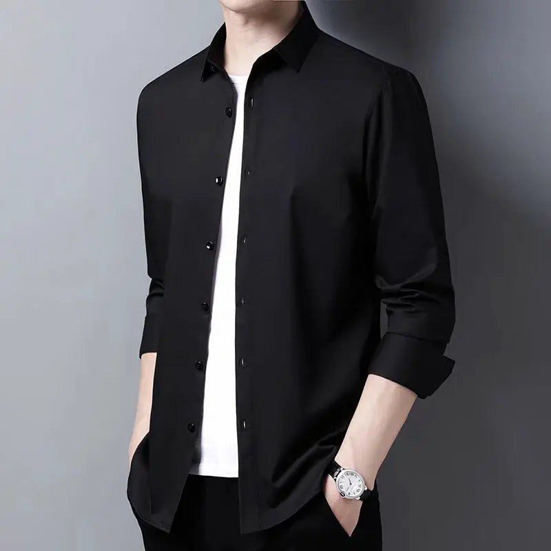 Men's casual solid black long-sleeve shirt by Simples Market with rolled cuffs.