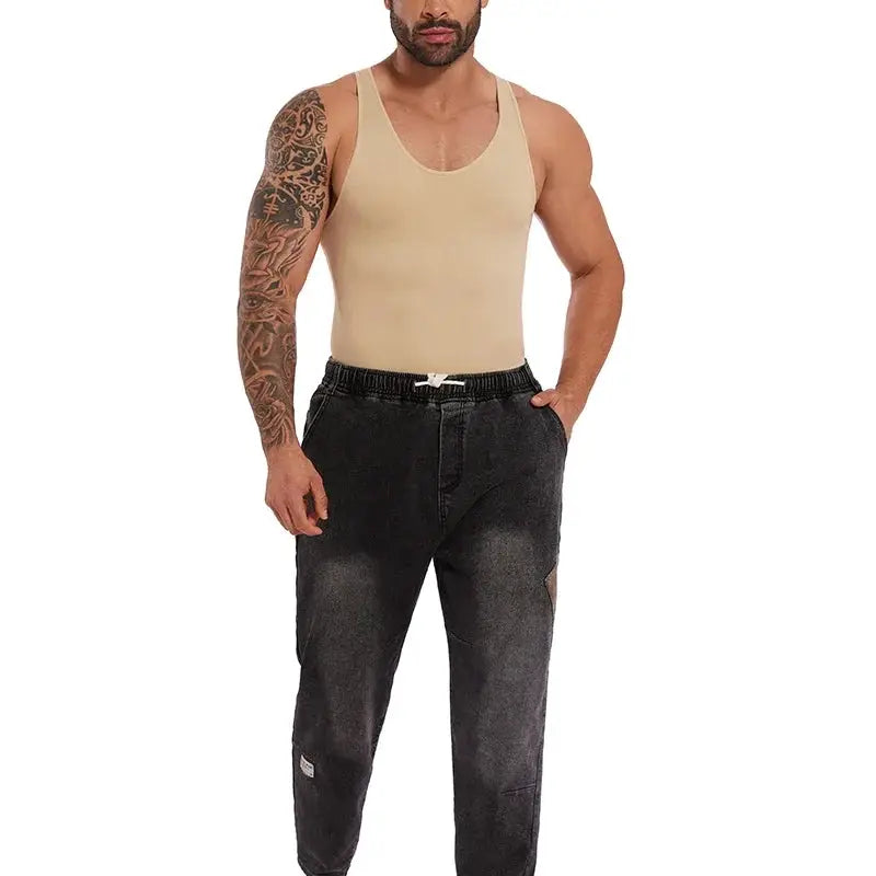 Simples Market men's full body shaper sleeveless slimming vest underwear beige compression bodysuit