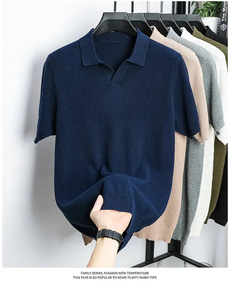 Simples Market navy blue men's short-sleeve polo knit shirt, 100% cotton.