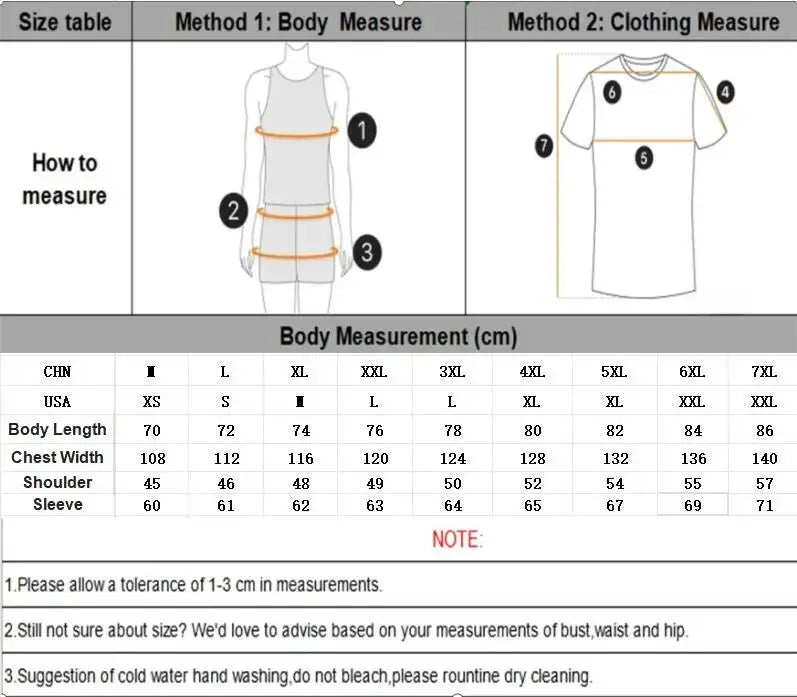Men's jacket size chart showing body and clothing measurements with notes