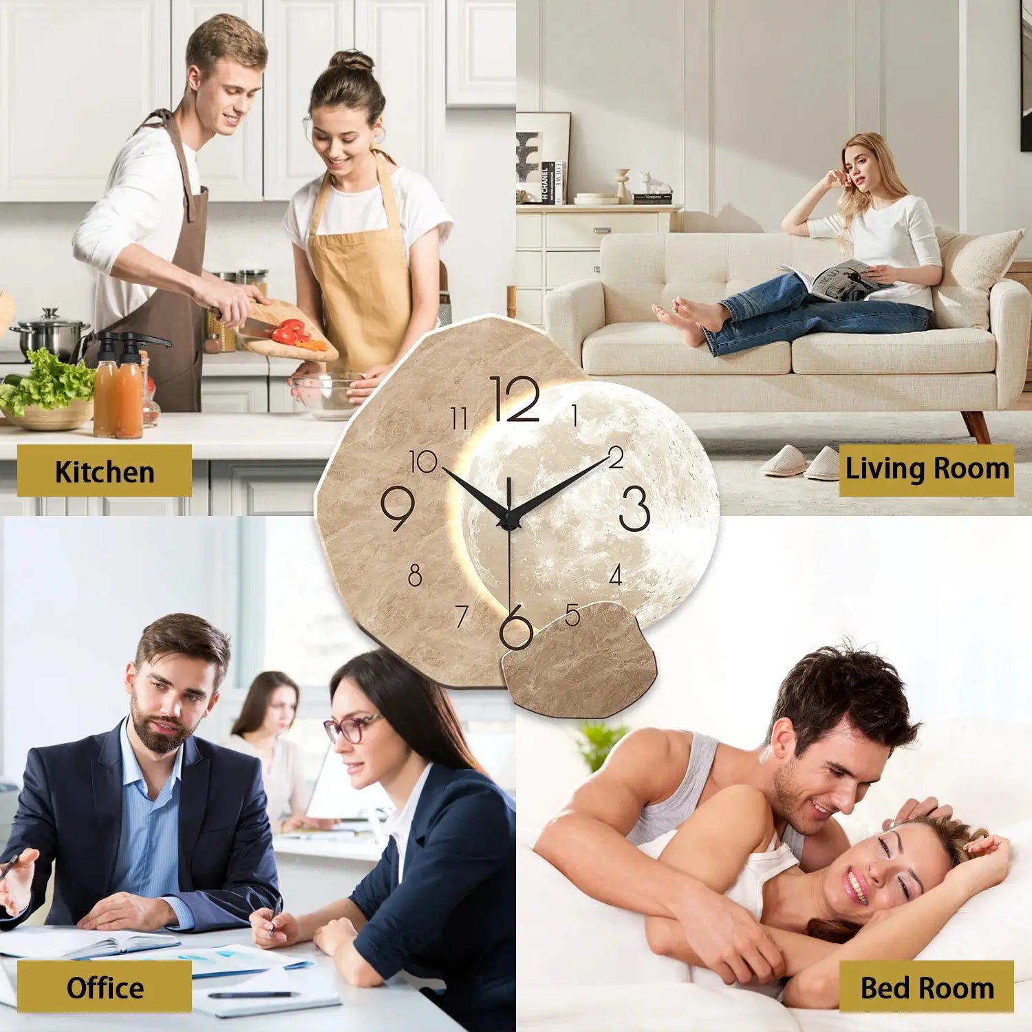 Moon-design wall clock with wooden finish and quartz movement; collage shows kitchen, living room, office, bedroom.