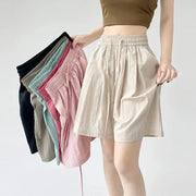 Women’s high-waist elastic shorts with pockets; beige, loose-fit casual beach shorts, set of 7 color options