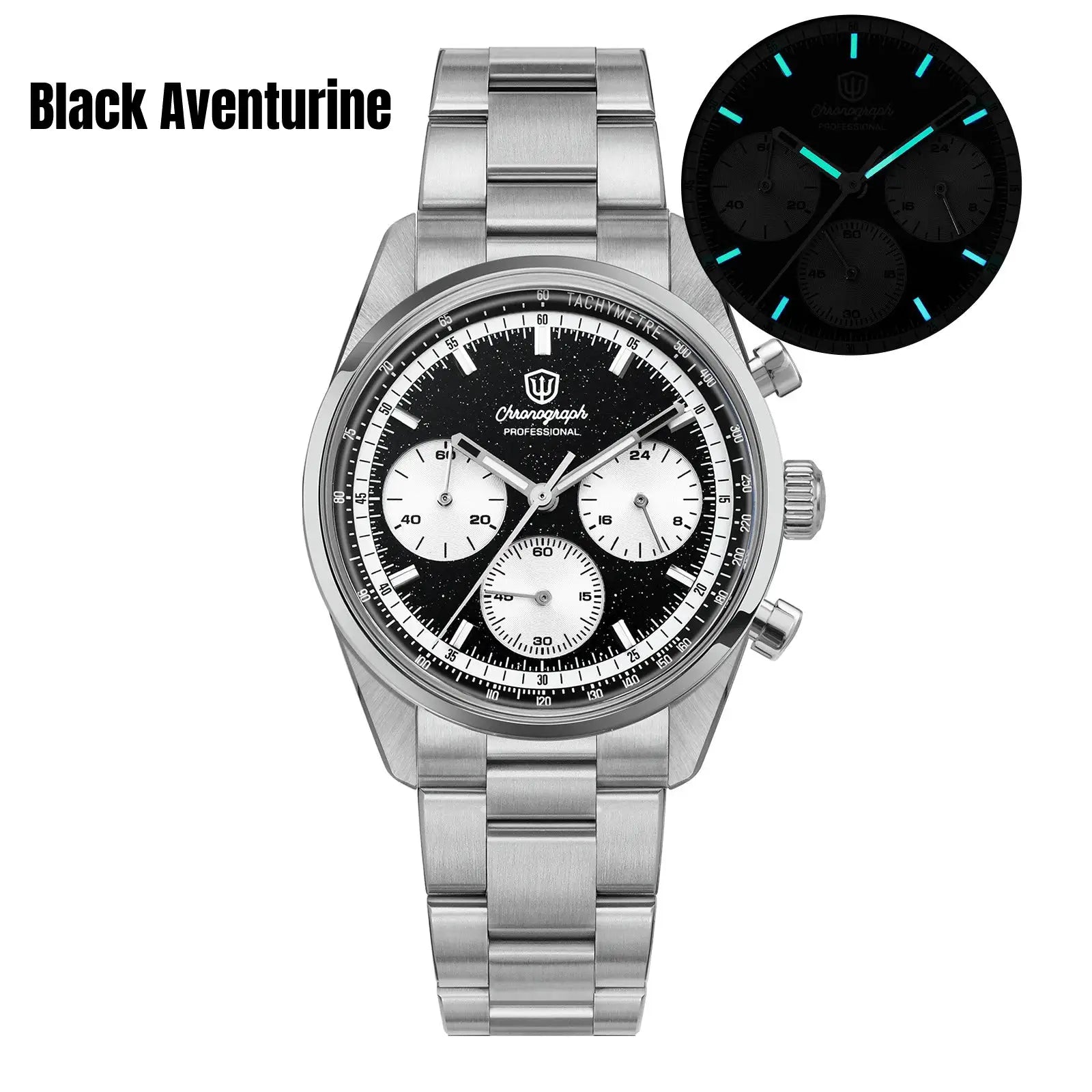 Stainless steel chronograph watch with silver bracelet and black dial with white subdials