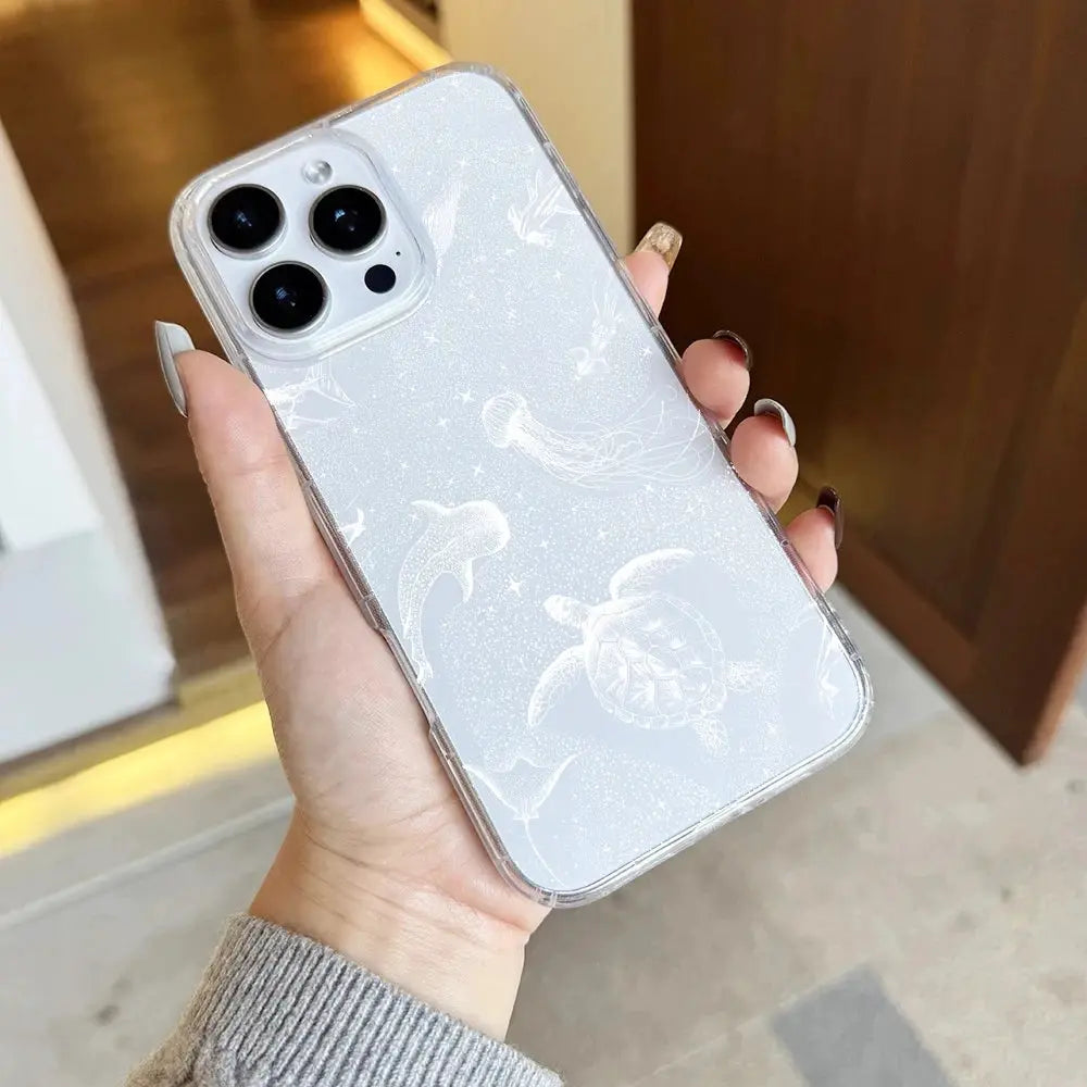 Phone case for iPhone, transparent with white sea turtle ocean pattern