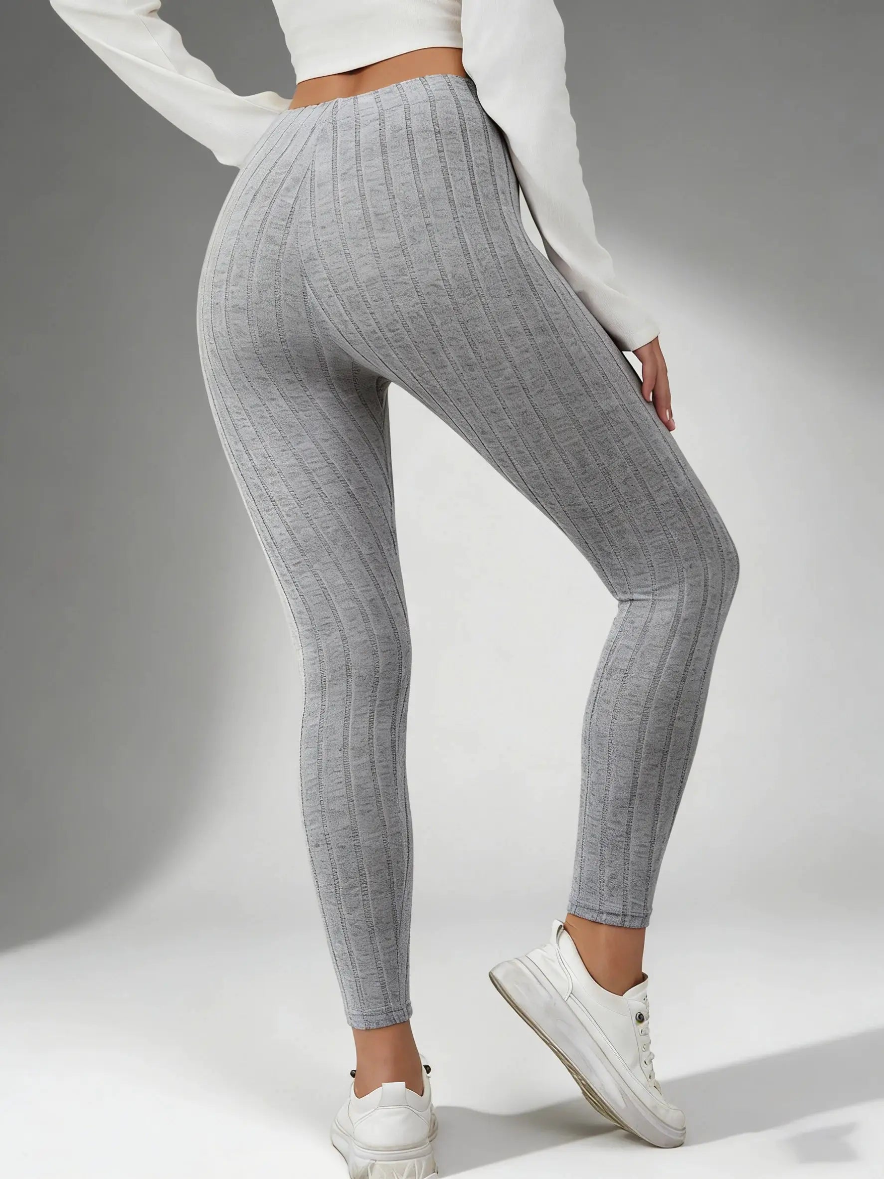 Women's stretch ribbed gray leggings with elastic waist for everyday casual wear