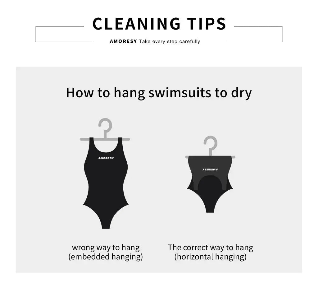 AMORESY swimsuit drying tips infographic showing embedded vs horizontal hanging.