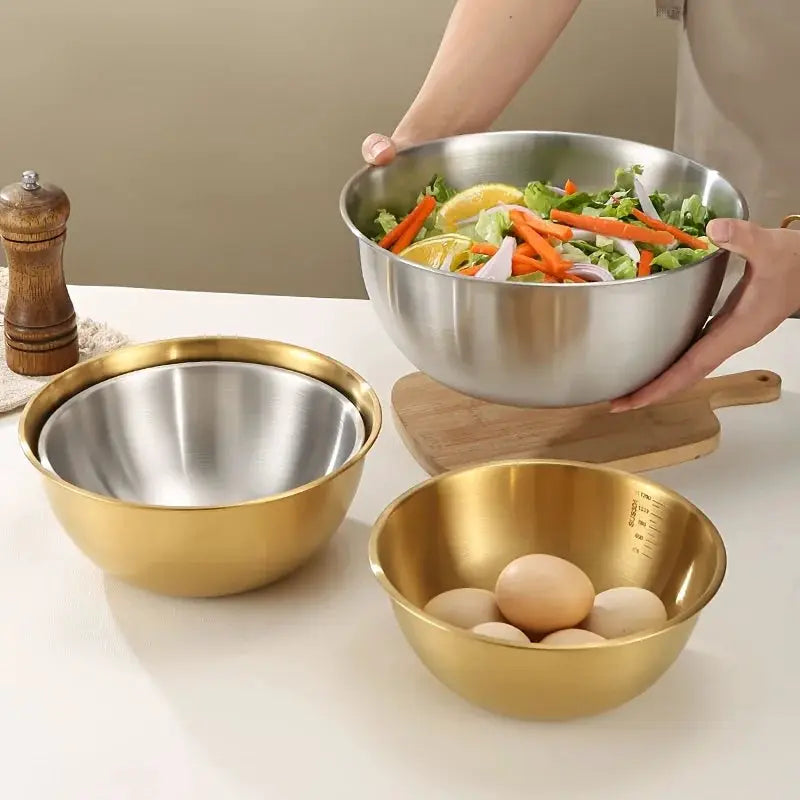 Three Piece Stainless Steel Mixing Bowls Set For Mixing Kneading Dough And Serving Salads