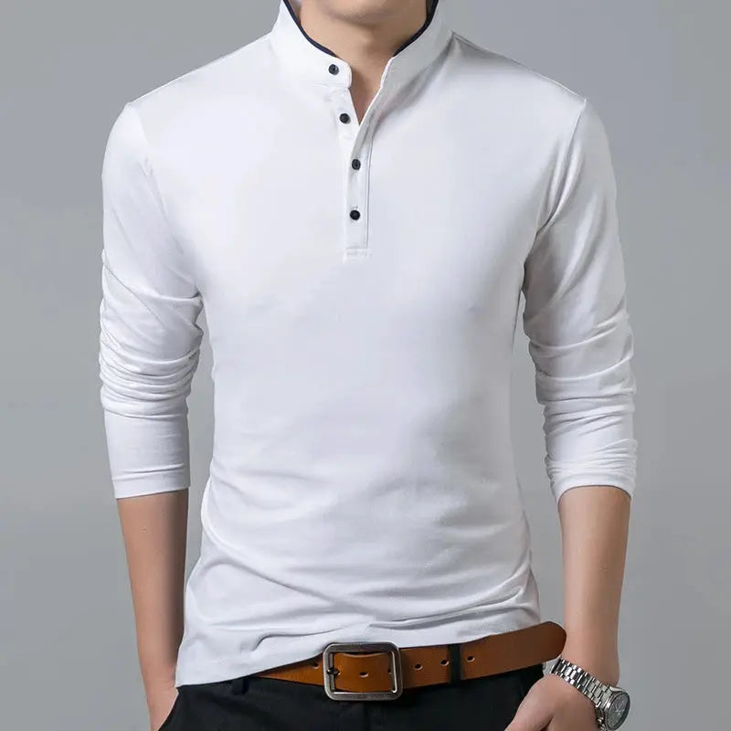 Men's white long-sleeve polo shirt with stand collar and 3-button placket