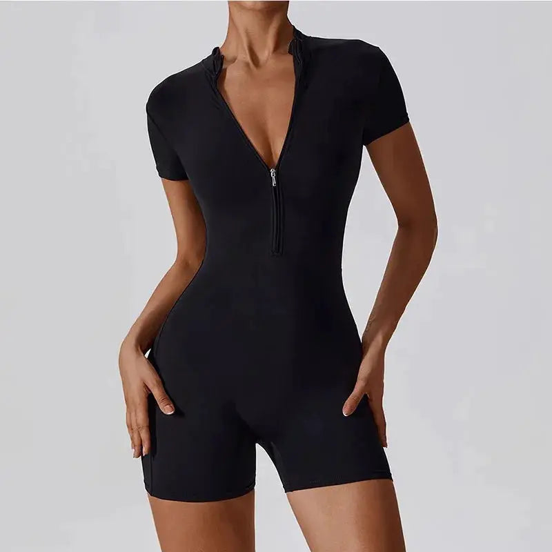 Women's Zipper Short-Sleeve Yoga Jumpsuit, black quick-dry breathable tight fitness onesie by Simples Market