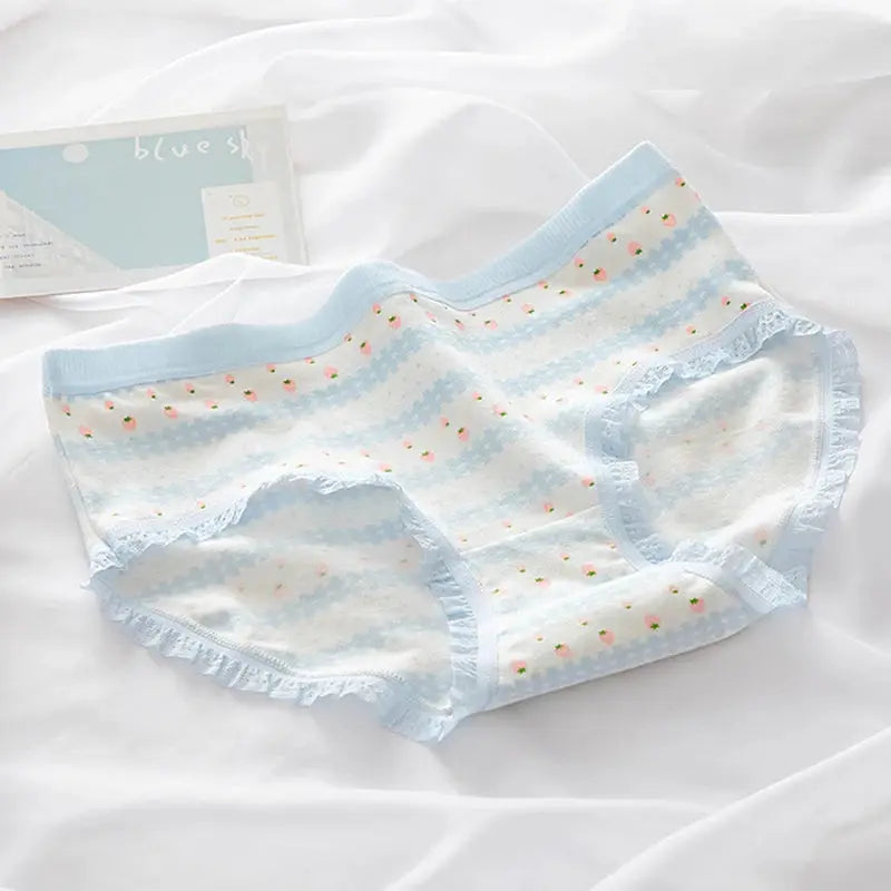 M-XL cotton panties with lace trim in light blue pattern, Simples Market womens underwear brief (1 pair)