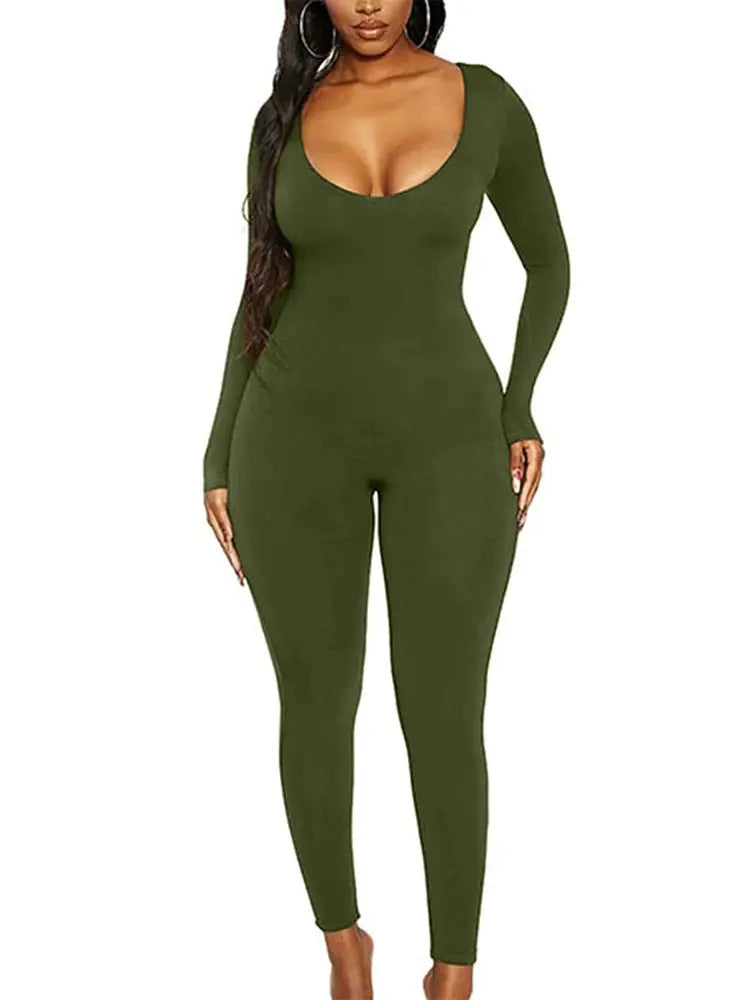 Women's olive green long-sleeve skinny jumpsuit by Simples Market, solid color casual wear