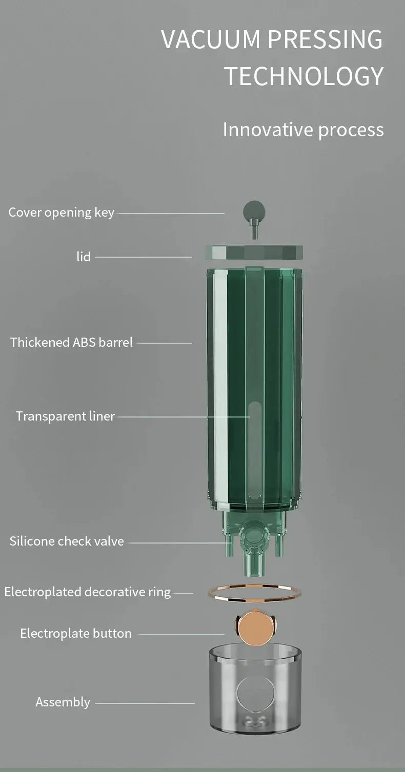 Manual wall-mounted bathroom soap dispenser by Simples Market; green thickened ABS barrel (exploded view)