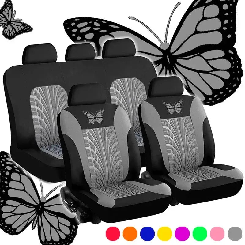 Car seat cover full set with butterfly embroidery, universal auto seat covers in black and gray