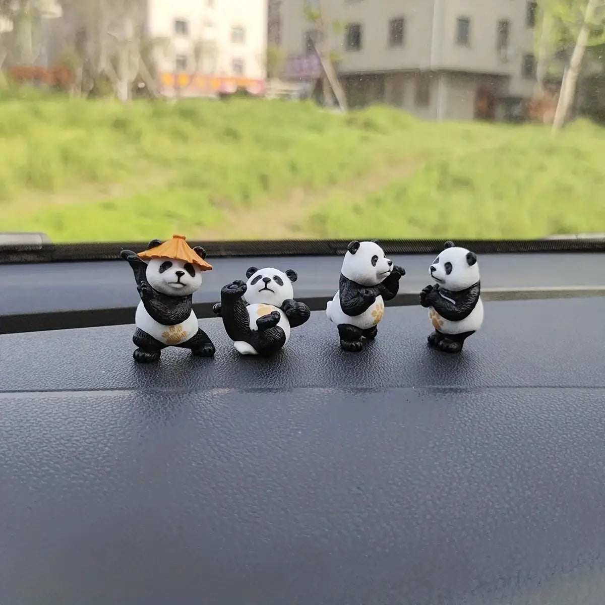 Panda design car ornaments set, 4-piece black-and-white panda figurines for dashboard decor.