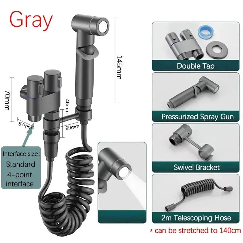 Simples Market gray handheld spray gun for sinks, 304 stainless steel with coiled hose and swivel bracket.