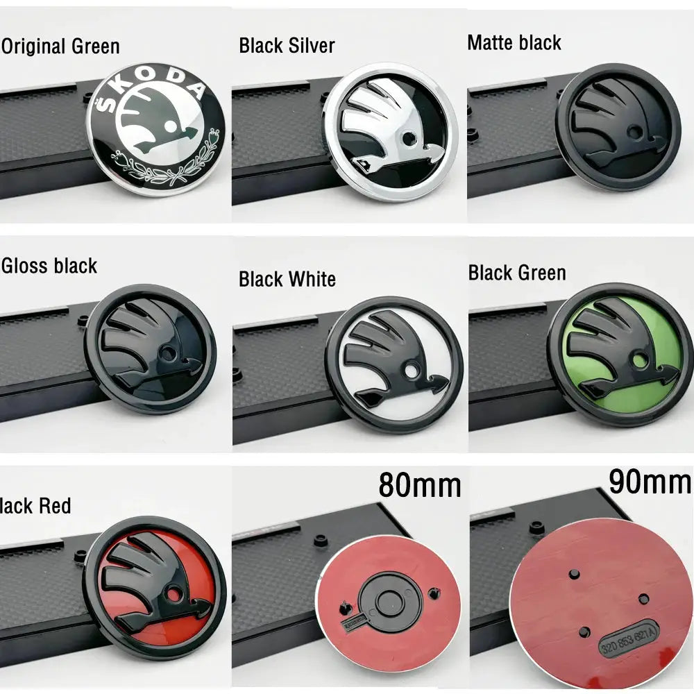 ABS car badge emblem set of 9 variants with Skoda logo; color options green black white red; sizes 80mm and 90mm.