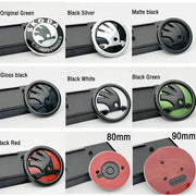 ABS car badge emblem set of 9 variants with Skoda logo; color options green black white red; sizes 80mm and 90mm.