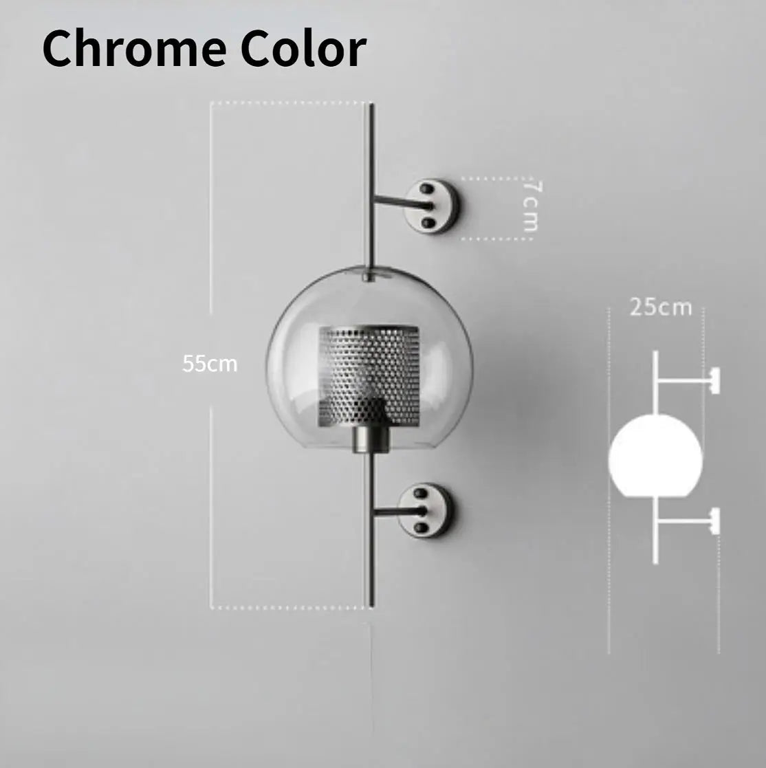 Modern glass wall lamp by Simples Market; chrome finish globe sconce, 55cm tall.