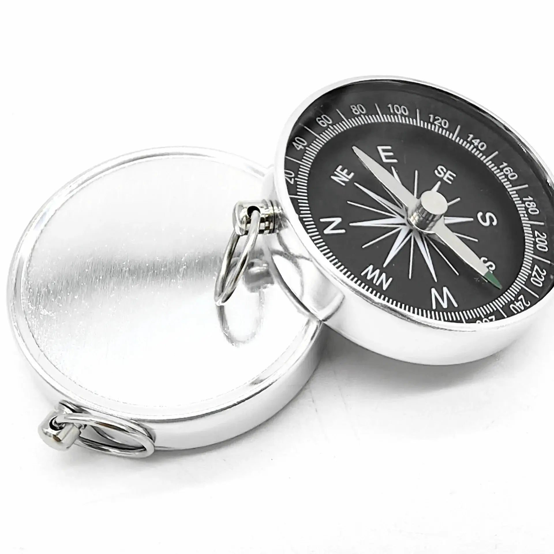 Mini aluminum compass keychain pendant by Simples Market; silver pocket survival compass with ring attachment