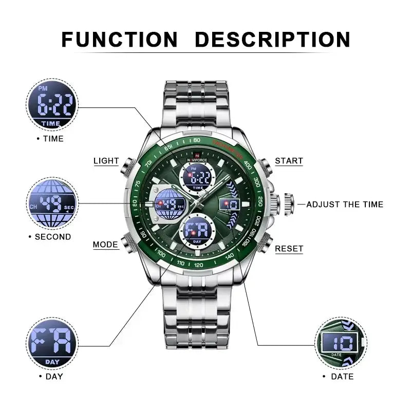 NAVIFORCE men's stainless steel waterproof wristwatch with green bezel and luminous dual display