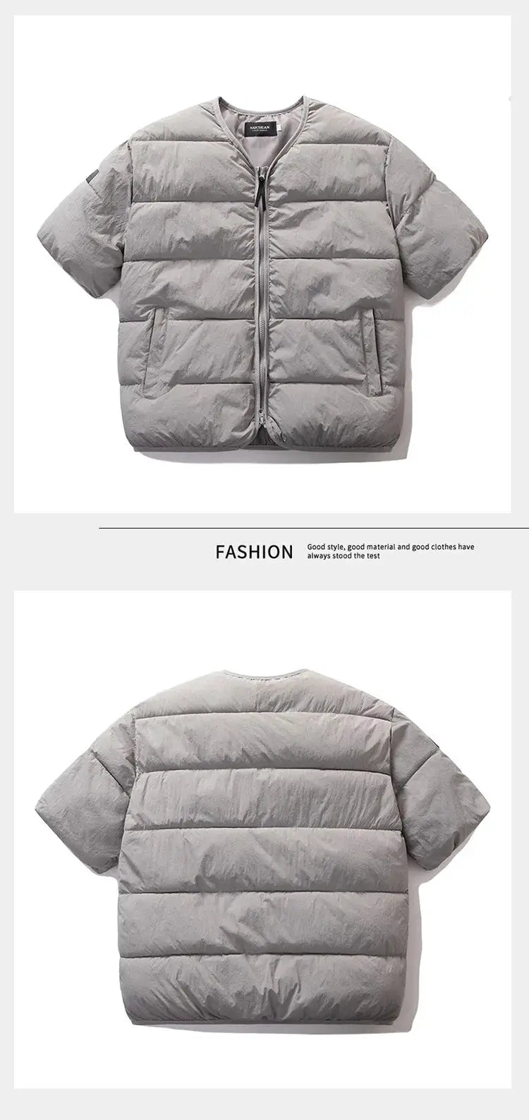 Korean fashion padded vest for men and women, Simples Market gray cotton-padded half-sleeve waistcoat with front zip.