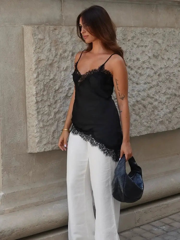 Sexy Women Asymmetrical Lace Slip Tops Backless Sleeveless Off Shoulder Beachwear With Elegant Lace