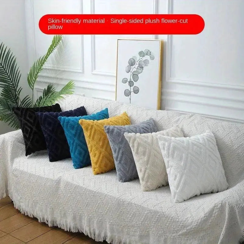 Throw pillow covers set by Simples Market in 7 colors with plush rhombus jacquard texture on white sofa